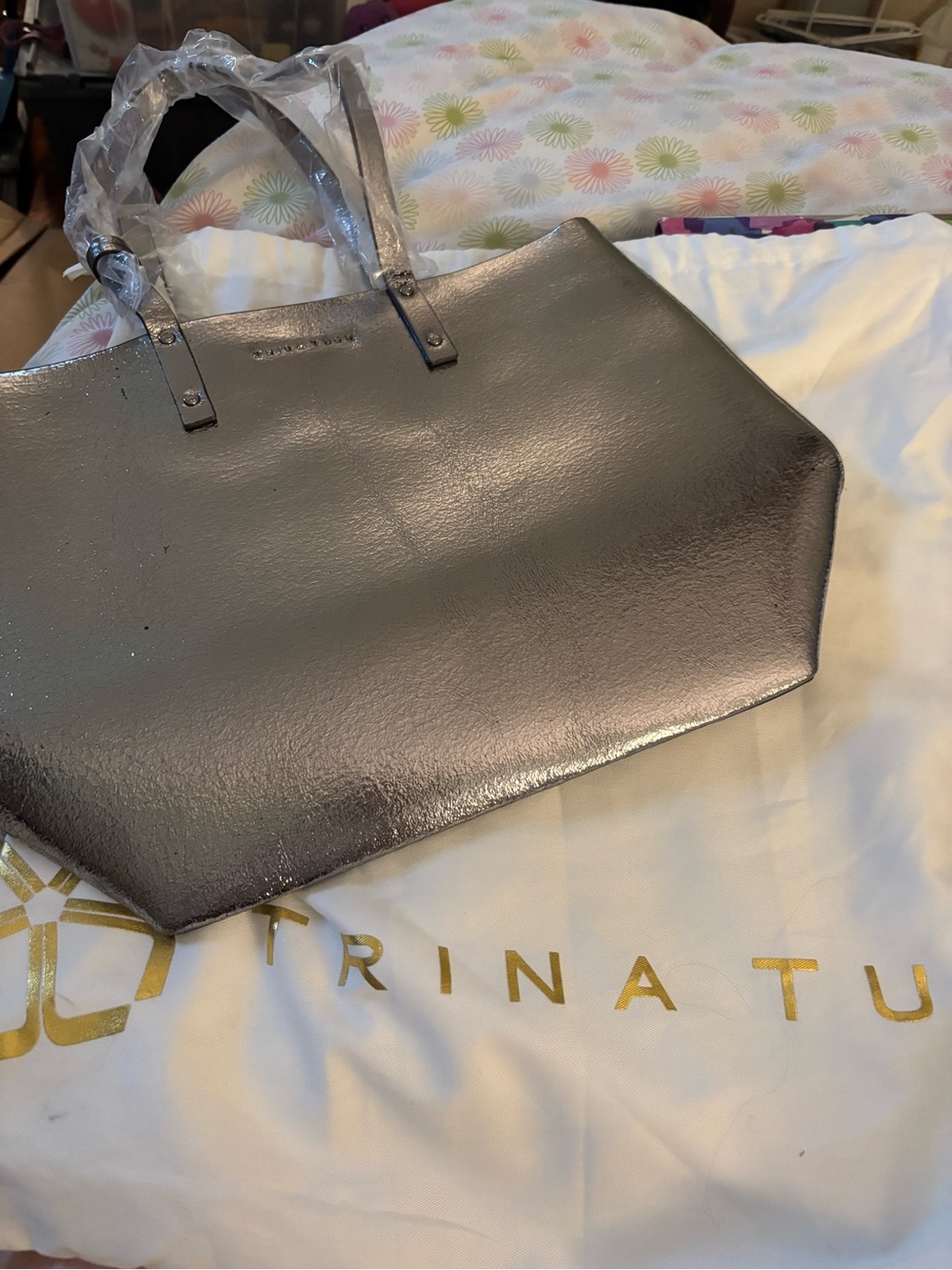 Brand new Trina Turk Metallic Silver Hexagon-Edge Tote